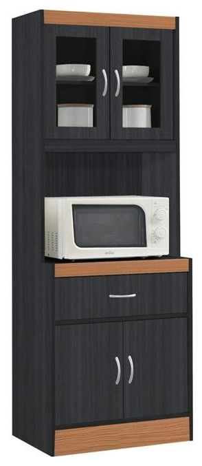 Pemberly Row Kitchen Cabinet 1 Drawer and Space for Microwave in Black/Beige