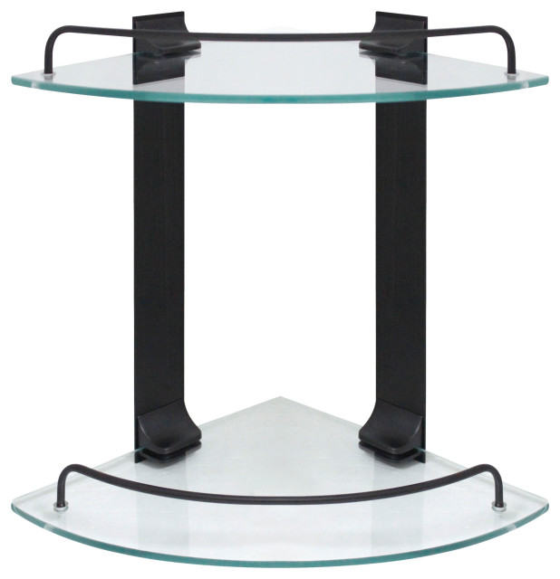 MODONA's 9.5" Double Glass Corner Shelf With Rail, Rubbed Bronze