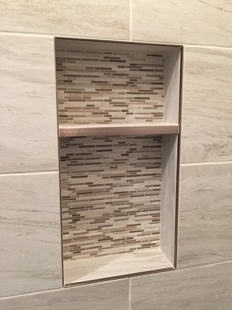 Mid-sized transitional master porcelain tile home design photo in Chicago with raised-panel cabinets, gray cabinets, a two-piece toilet, an undermount sink and quartz countertops