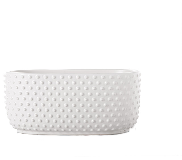 Ceramic Low Oval Vase with Embossed Dotted Design Body Matte White