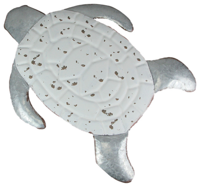 Galvanized Zinc Finish Metal Sea Turtle Wall Hanging With Painted Shell