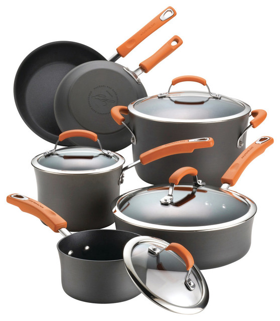 HardAnodized Nonstick 10Piece Cookware Set, Gray, Orange Handles