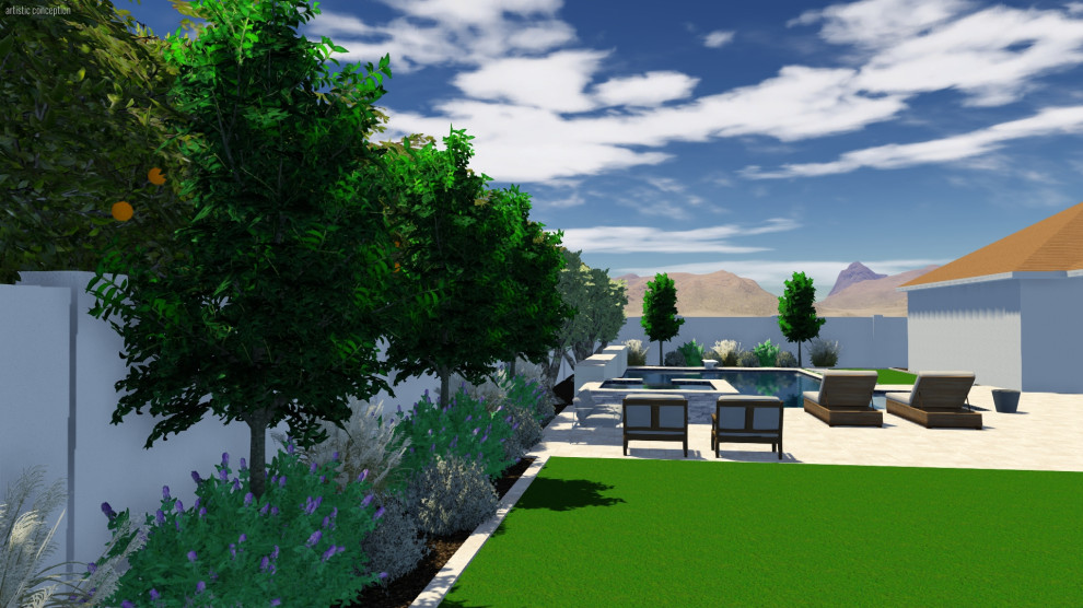 Ejemplo de piscina moderna grande a medida en patio trasero con paisajismo de piscina y adoquines de piedra natural