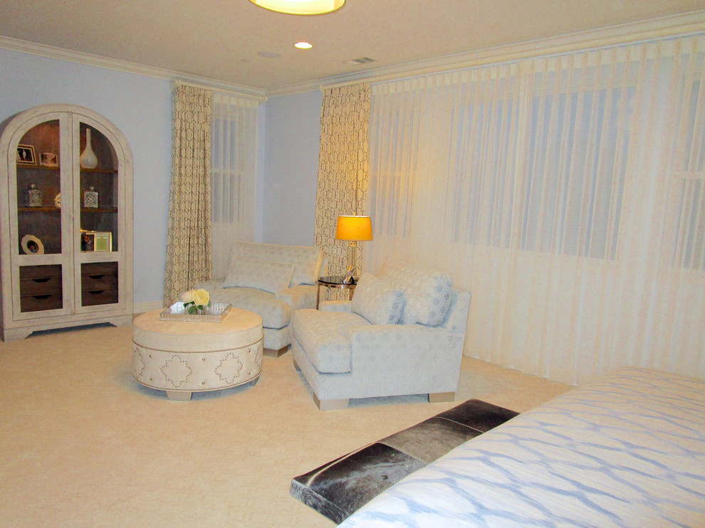 Large transitional master carpeted bedroom photo in Wilmington with blue walls and no fireplace