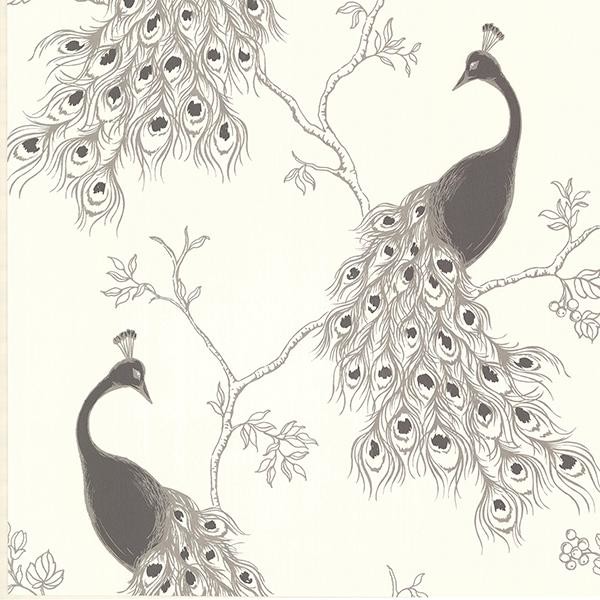 Kitchen Bed Bath IV by Brewster 2686-20272 Prevost Silver Peacock Wallpaper