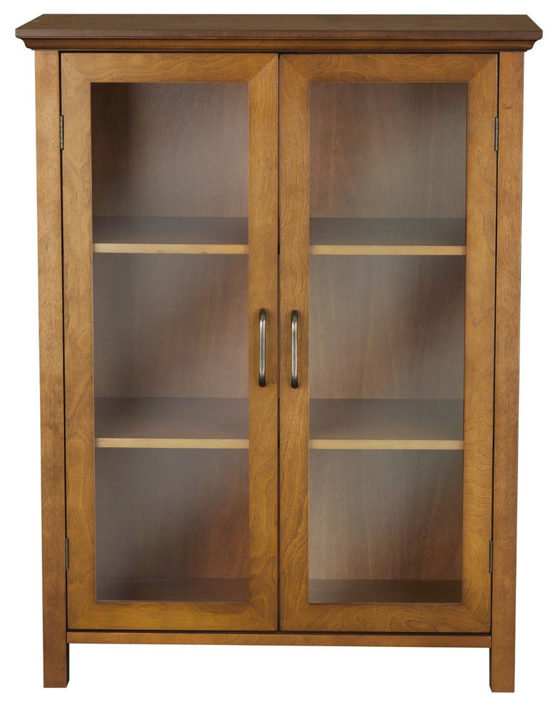 Oak Finish Bathroom Floor Cabinet With 2 Glass Doors And Storage
