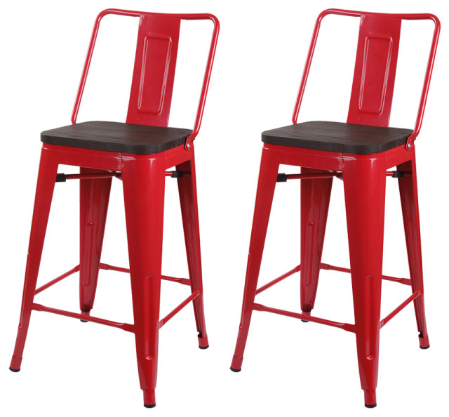 Metal Red Bar Stools With Middle Back Dark Wooden Seat, Set of 2