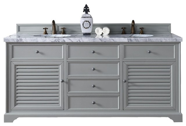 Savannah 72" Double Vanity Cabinet, Urban Gray, 4cm Carrera White Stone Top