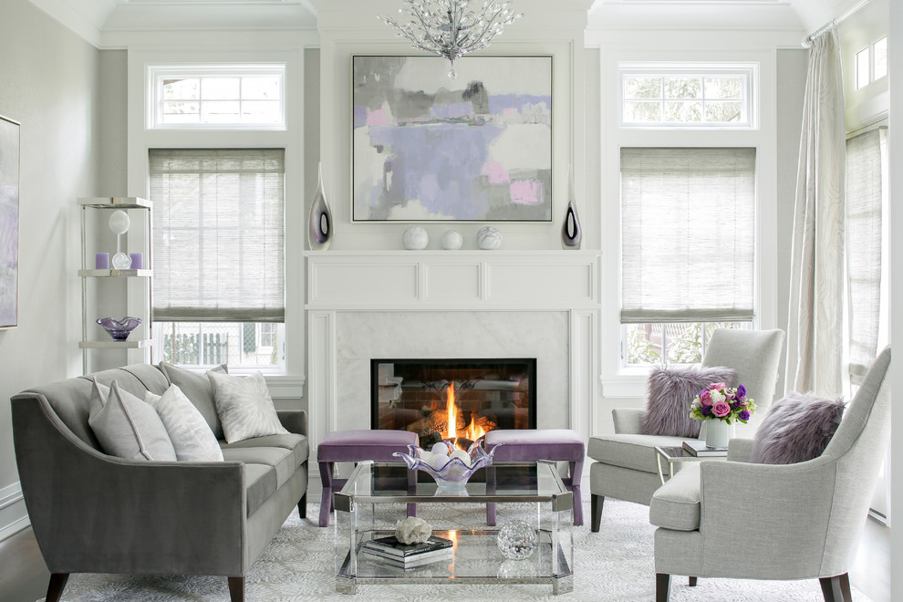 Inspiration for a mid-sized transitional formal and enclosed carpeted living room remodel in New York with gray walls, a standard fireplace, a stone fireplace and no tv