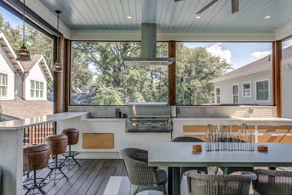 Inspiration for a transitional backyard deck in Orange County with an outdoor kitchen and a roof extension.