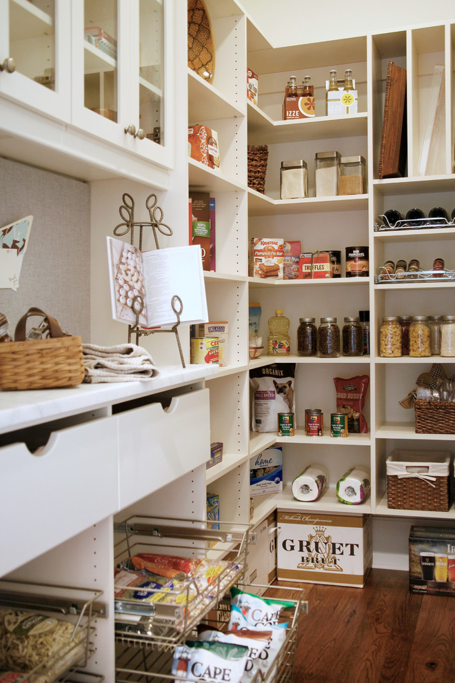 Design ideas for a traditional kitchen pantry in Atlanta with open cabinets and white cabinets.
