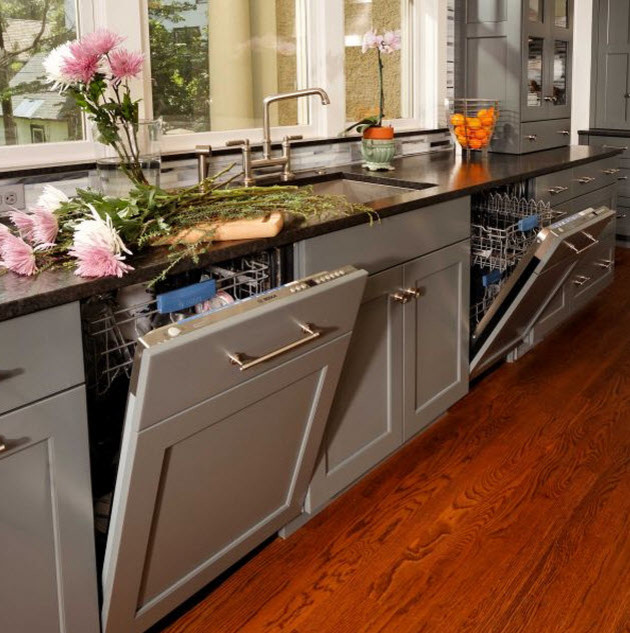 Example of a transitional medium tone wood floor kitchen pantry design in Chicago with an undermount sink, shaker cabinets, gray cabinets, granite countertops, multicolored backsplash, glass tile backsplash, paneled appliances and an island