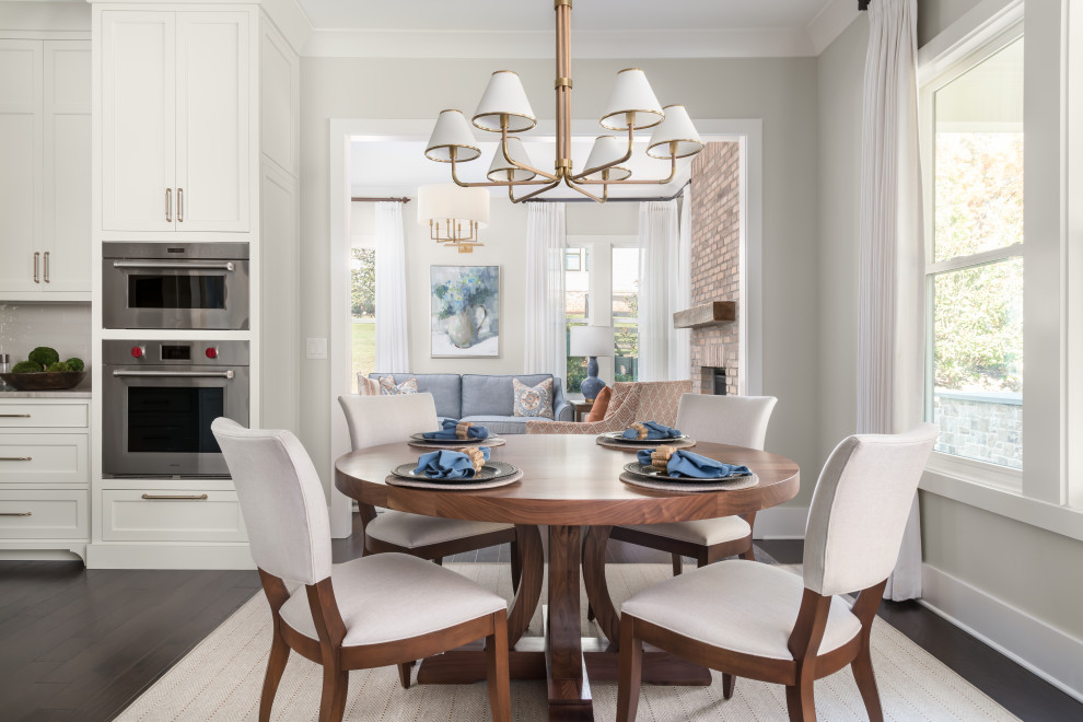 Inspiration for a transitional dark wood floor and brown floor great room remodel in Atlanta with gray walls