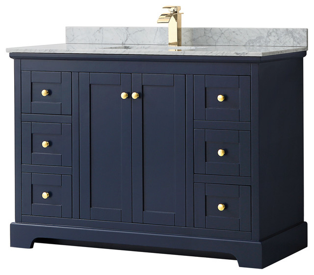 Daria 48 Inch Single Bathroom Vanity in White Brushed Gold Trim Undermount Square Sink White Carrara Marble Countertop