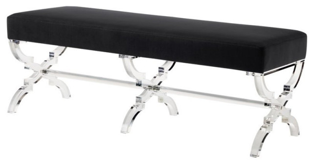 Posh Living Brayden Velvet Upholstered Bench with Acrylic X-Legs in Black