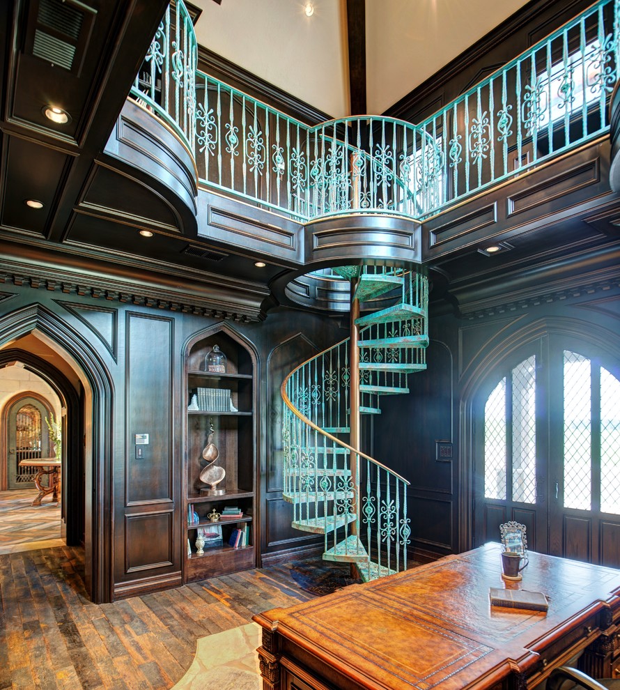 Inspiration for a mid-sized traditional spiral staircase in Austin with open risers.