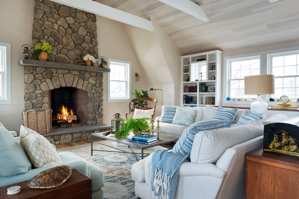 Design ideas for a beach style family room in Providence.