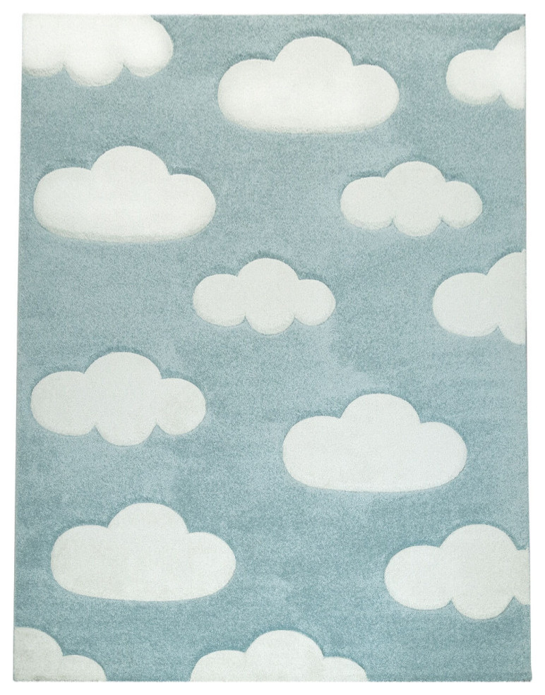 Kids Rug With Charming Clouds, Pastel Blue, 7'10"x11'2"