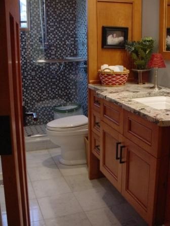 Cherry, Marble and Glass Tile combine with Transitional Fittings and fixtures