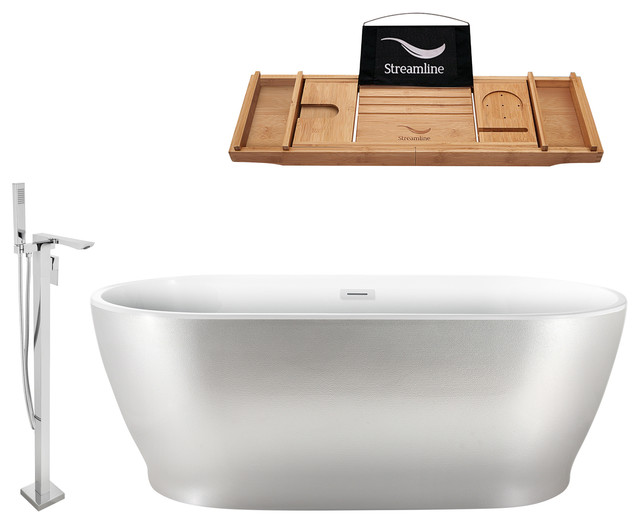 63 Freestanding Pearl White Tub Faucet And Tray Set Oval Shaped