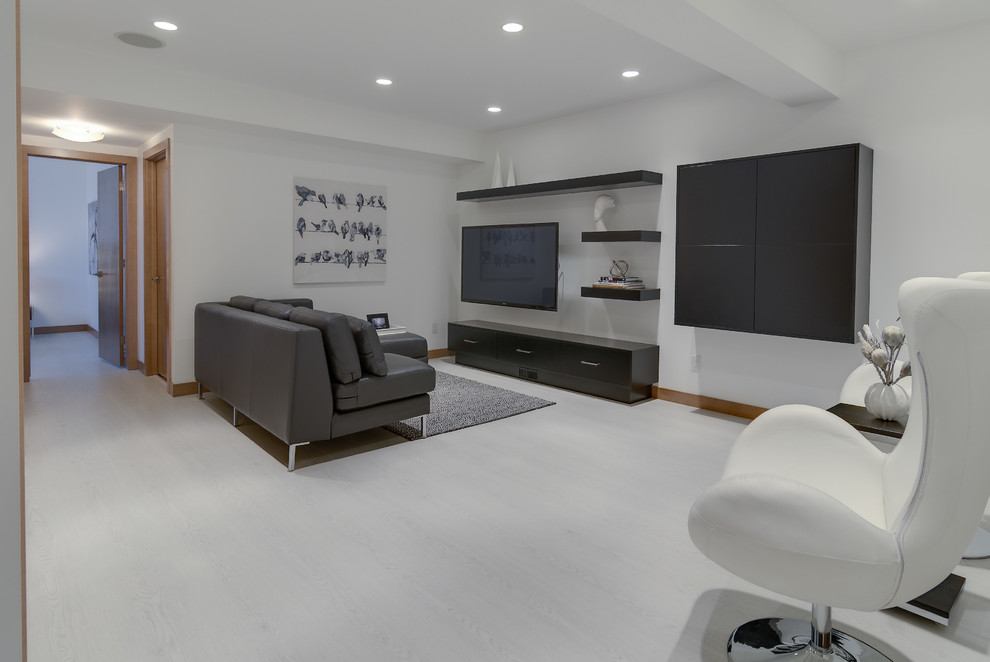 Mid-sized modern fully buried basement in Other with white walls, ceramic floors and white floor.