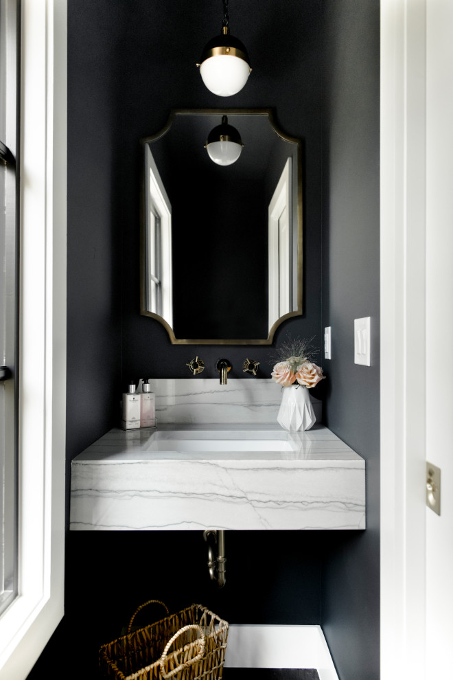 This is an example of a small transitional powder room in Other with open cabinets, black walls, quartzite benchtops and white benchtops.