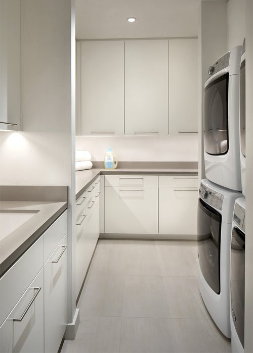 Design ideas for a mid-sized contemporary galley laundry cupboard in Denver with an undermount sink, flat-panel cabinets, medium hardwood floors and a stacked washer and dryer.