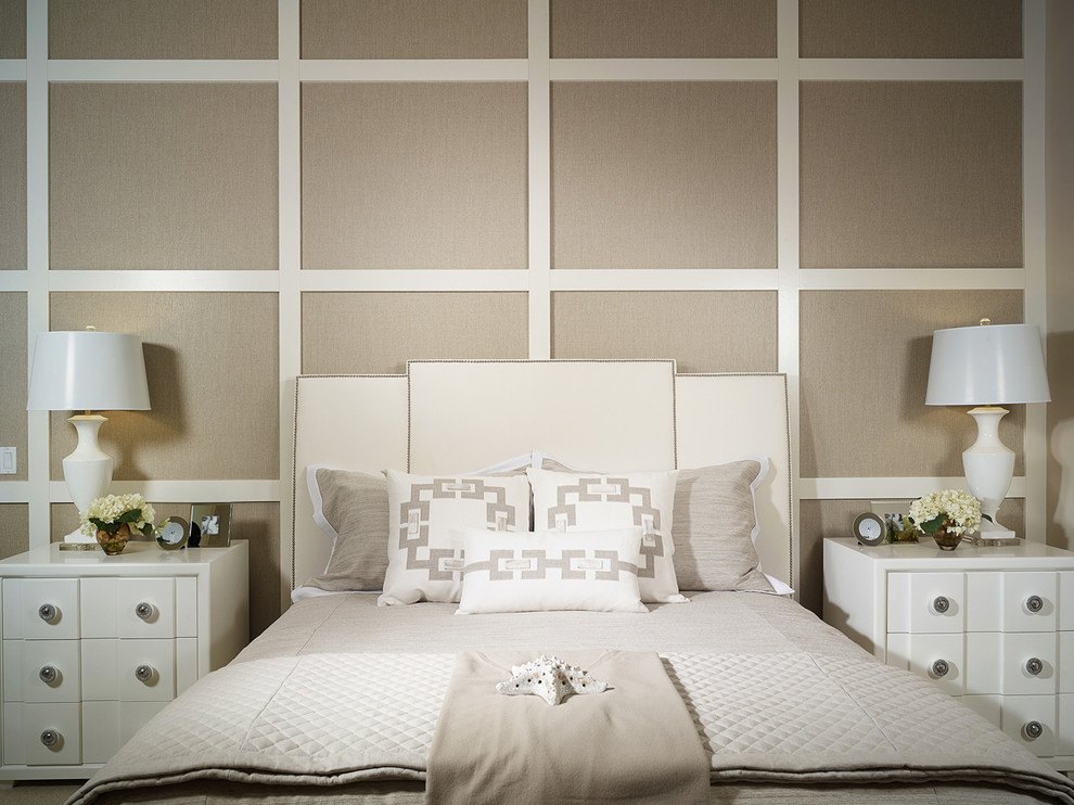 Inspiration for a large contemporary master bedroom in Miami with beige walls.