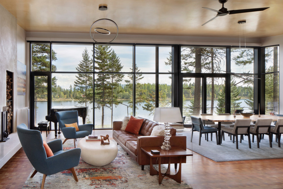 Inspiration pour une salle de séjour design ouverte avec un mur blanc, un sol en bois brun, une cheminée standard, un manteau de cheminée en béton et un plafond en bois.