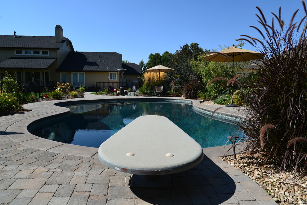 Large modern backyard custom-shaped pool in Boise with natural stone pavers.