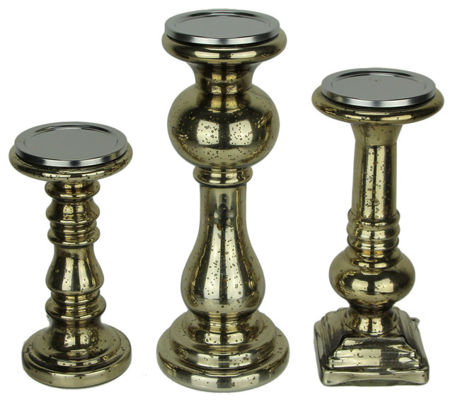 Antiqued Gold Mercury Glass Pillar Candle Holder Set of 3 Traditional