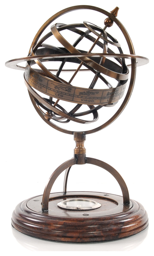 7" X 7" X 11" Brass Armillary With Compass On Wood Base