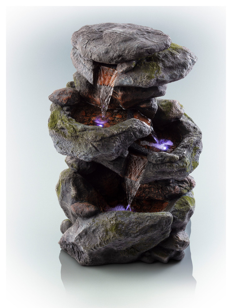 Alpine Stacked Rock Waterfall Outdoor Fountain With Led Lights