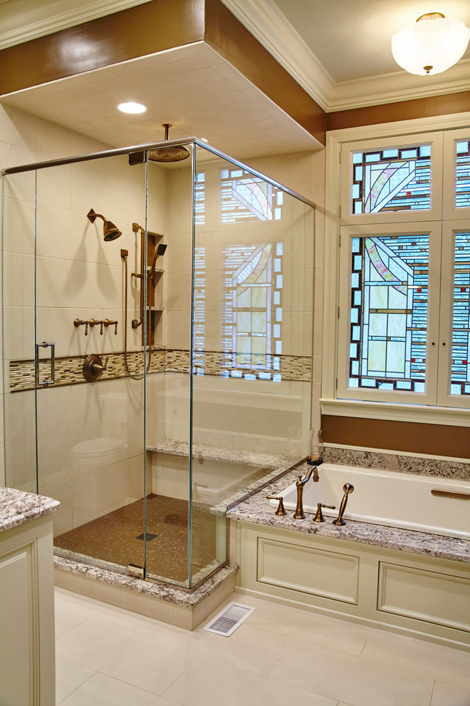 Example of a mid-sized transitional master beige tile, black tile, white tile and stone slab ceramic tile corner bathtub design with raised-panel cabinets, white cabinets, a one-piece toilet, red walls, a drop-in sink and solid surface countertops