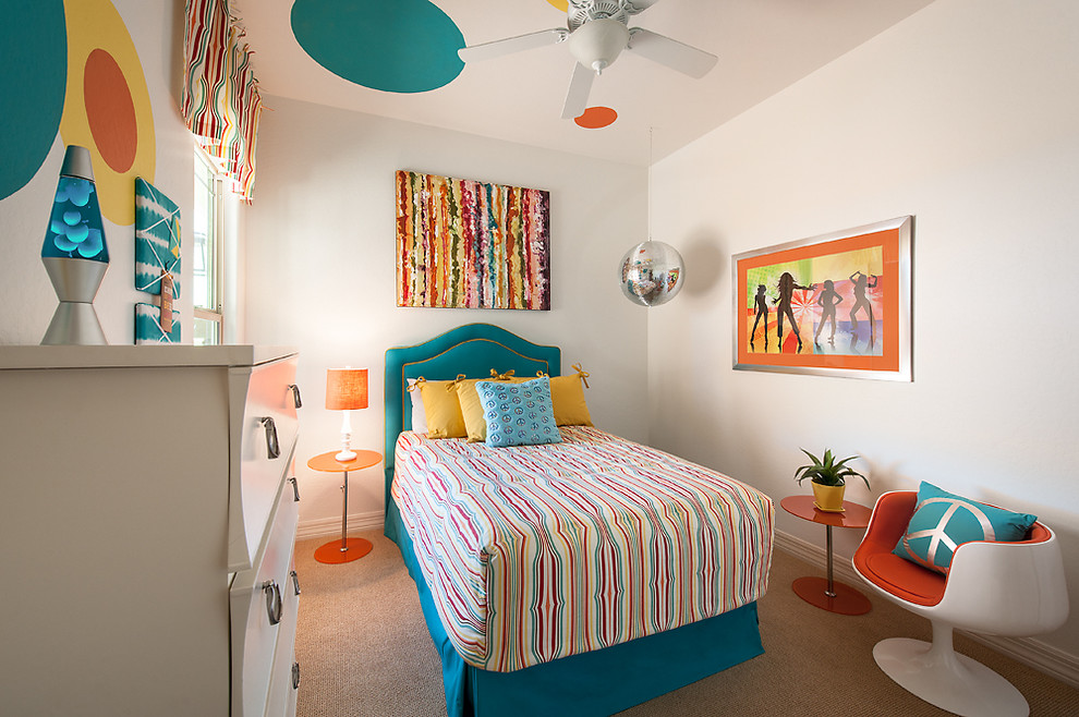 Contemporary kids' room in Phoenix with white walls and carpet for girls.