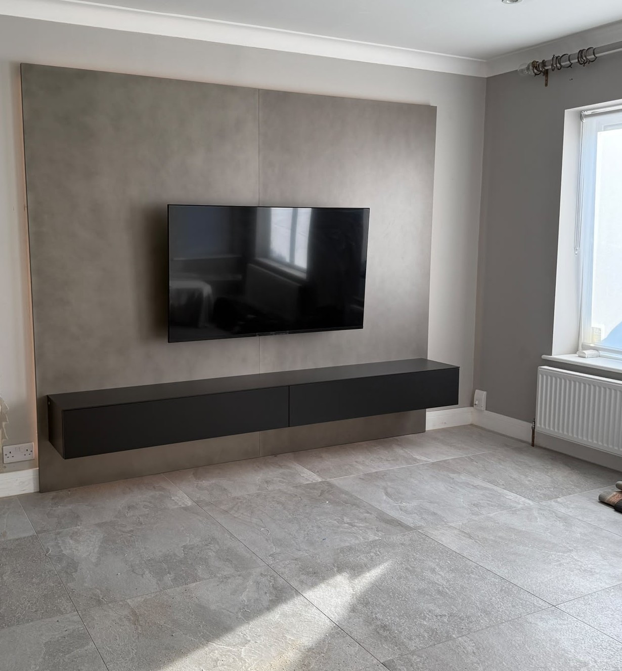 Floating Media Wall with Stone Effect Feature Panel