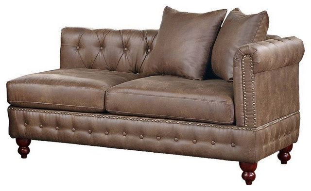 Simi 61" One Arm Chaise, 2 Pillows, Nailhead Trim, Brown Faux Leather