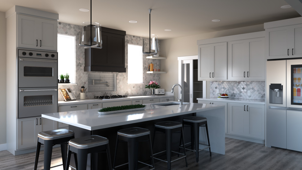 Inspiration for a large transitional l-shaped vinyl floor and brown floor open concept kitchen remodel with an undermount sink, shaker cabinets, white cabinets, quartzite countertops, gray backsplash, mosaic tile backsplash, stainless steel appliances, an island and white countertops
