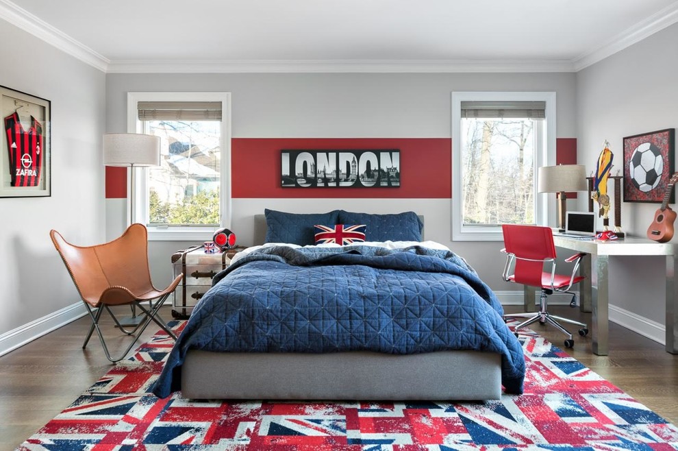 Design ideas for a contemporary kids' room for boys in New York with grey walls, medium hardwood floors and brown floor.