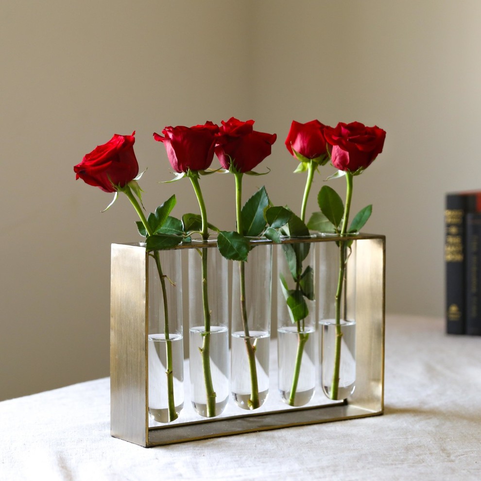 Metal Clustered Hanging Bud Vase Holder with 5 Glass Tubes, Antique