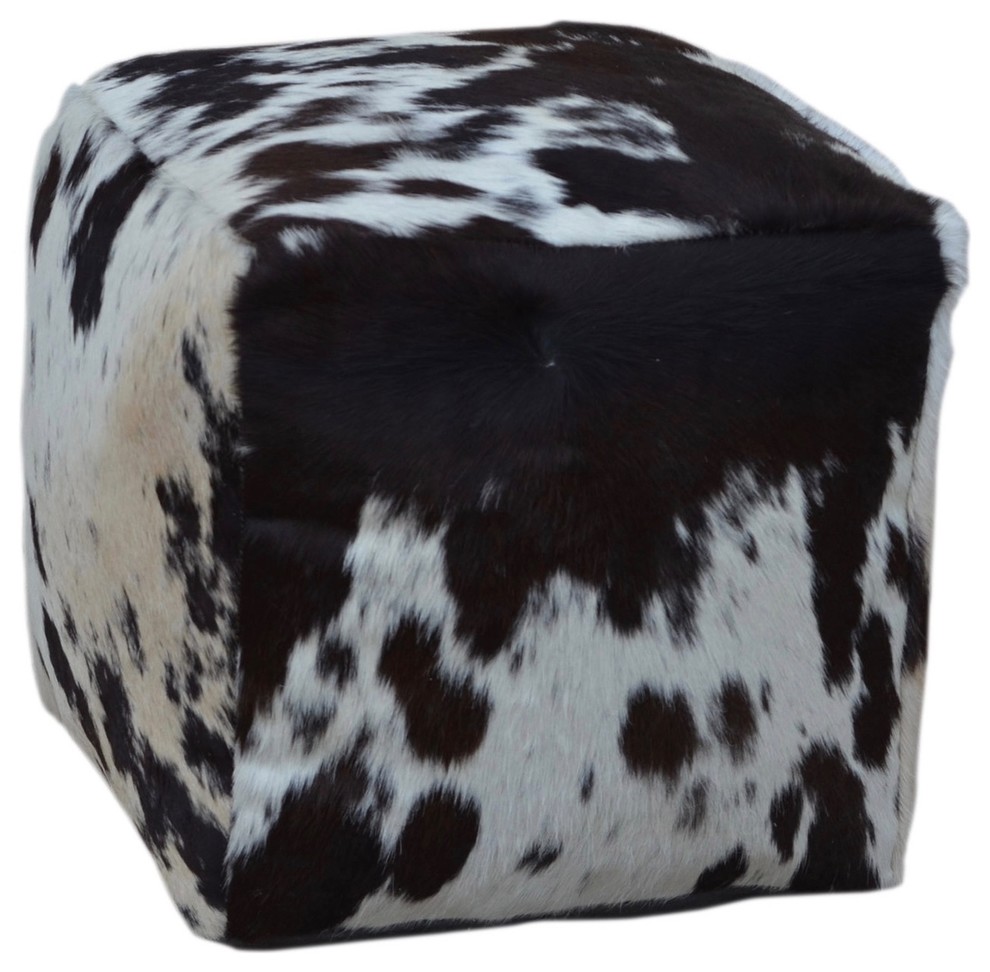 Square Cowhide Pouf, TESSA, in Black and White