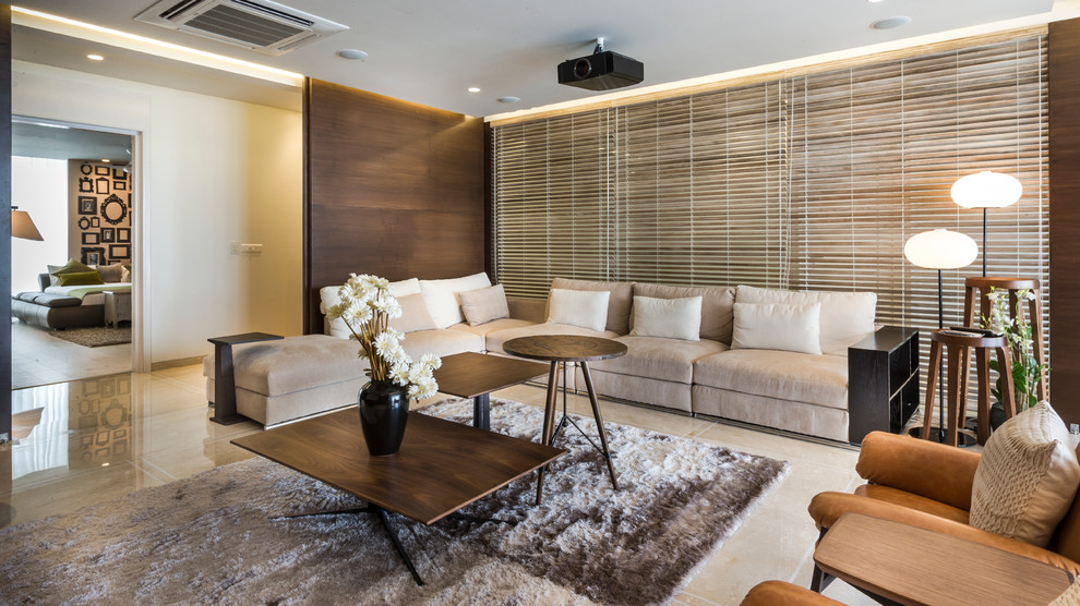 This is an example of a mid-sized contemporary open concept living room in Hyderabad.