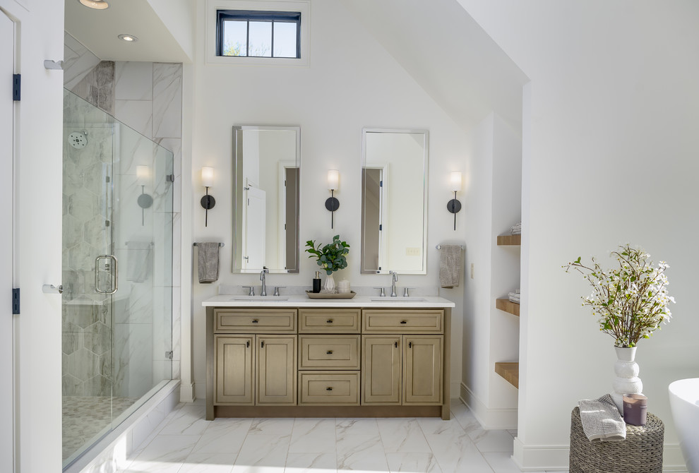 Inspiration for a large transitional master bathroom in Indianapolis with beaded inset cabinets, medium wood cabinets, a freestanding tub, a double shower, a two-piece toilet, white walls, an undermount sink, engineered quartz benchtops, white floor, a hinged shower door, white benchtops and white tile.