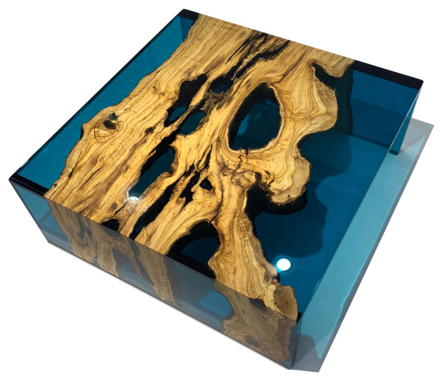 Olive Wood Blue Resin Coffee Table Contemporary Coffee Tables by