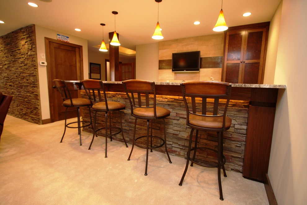 Mid-sized transitional home bar in Minneapolis with carpet.