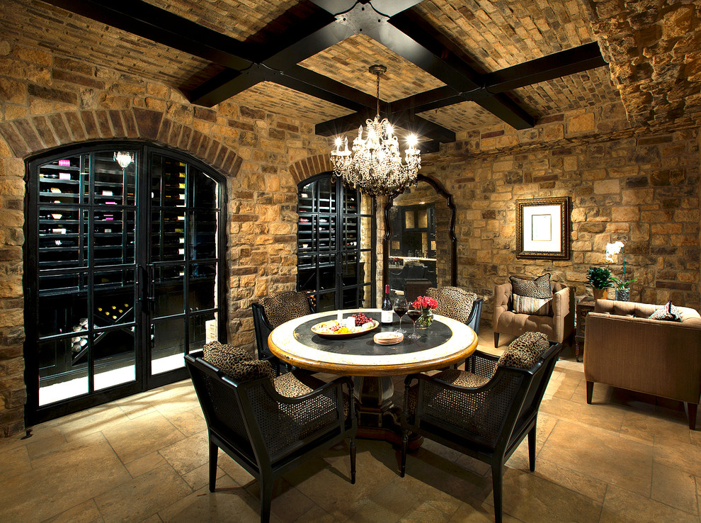 Design ideas for an expansive traditional wine cellar in Phoenix with travertine floors and multi-coloured floor.