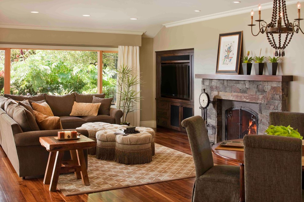 Inspiration for a mid-sized traditional enclosed living room in San Francisco with beige walls, medium hardwood floors, a standard fireplace and a stone fireplace surround.
