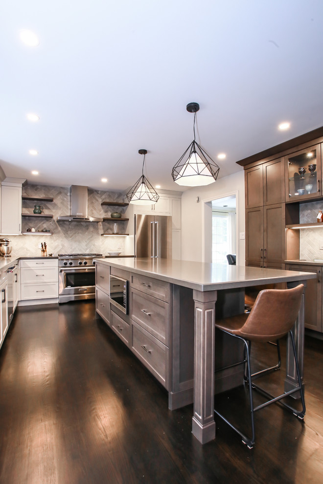 Large transitional l-shaped dark wood floor and brown floor eat-in kitchen photo in Toronto with an undermount sink, shaker cabinets, gray cabinets, quartz countertops, gray backsplash, porcelain backsplash, stainless steel appliances and an island