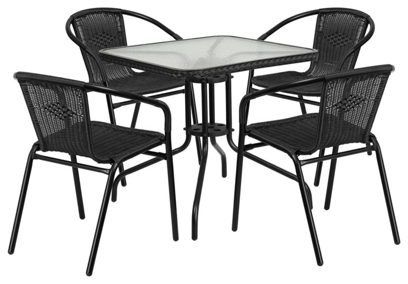 Glass Metal Table With Rattan Edging and 4 Stack Chairs, Black, 28" Square