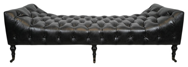 Black Tufted Leather Chaise Lounge, Leather Bench Sofa